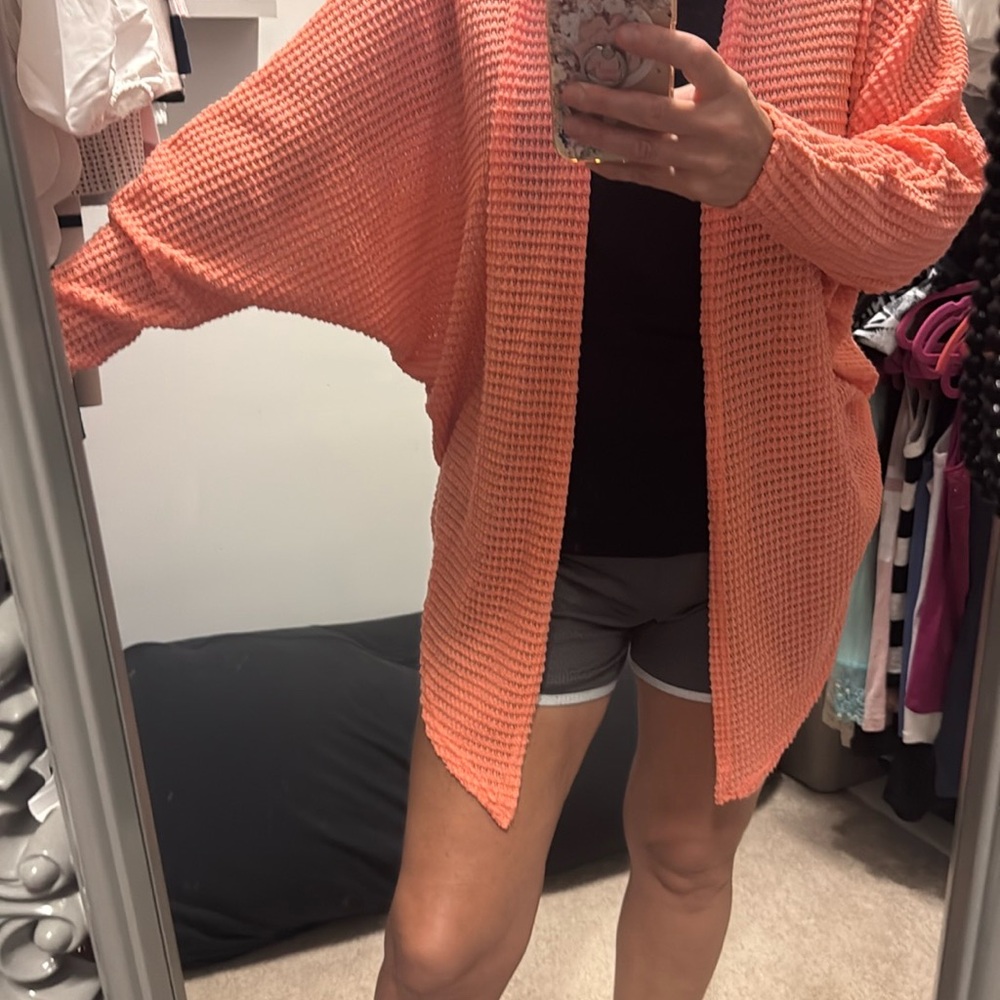 Summer 10 Vibrant Orange Waffle Knit Cardigan